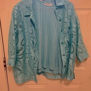 Top is Medium and sheet jacket is Size 12 . Ocean blue color